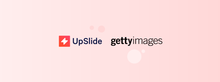 UpSlide logo (white bolt on red background and text) next to Getty Images logo (text) on pink background