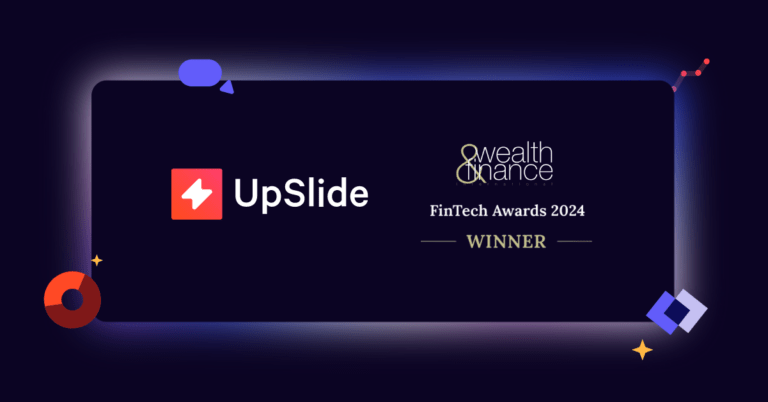 UpSlide logo (white bolt on red background and text) next to Wealth and Finance Fintech Award logo (text based) on blue background surrounded by colorful icons