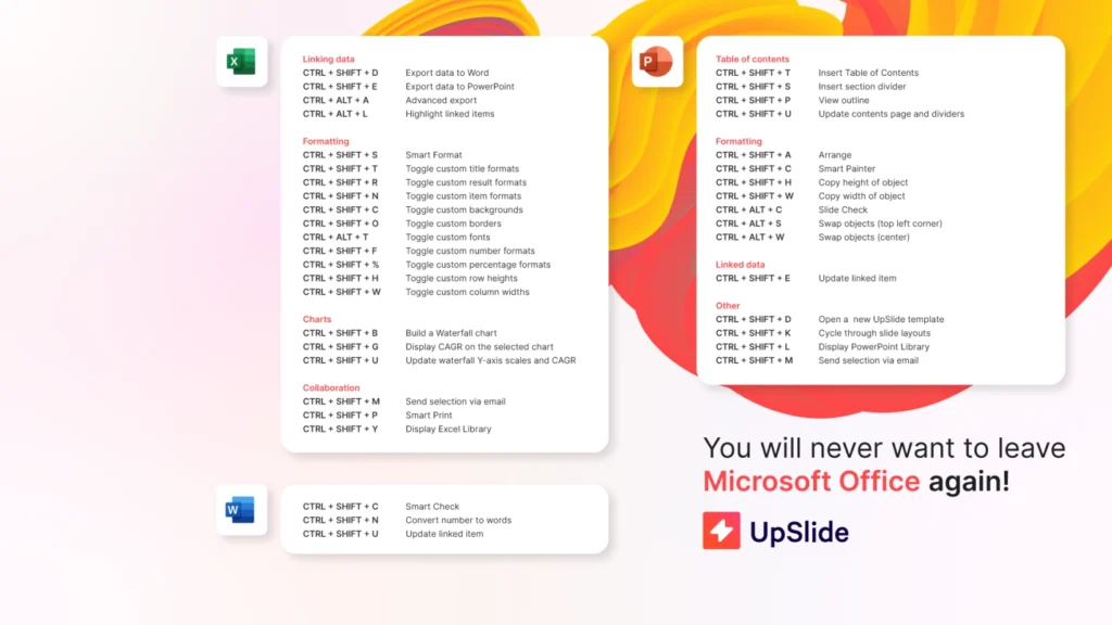 A list of UpSlide shortcuts in PowerPoint