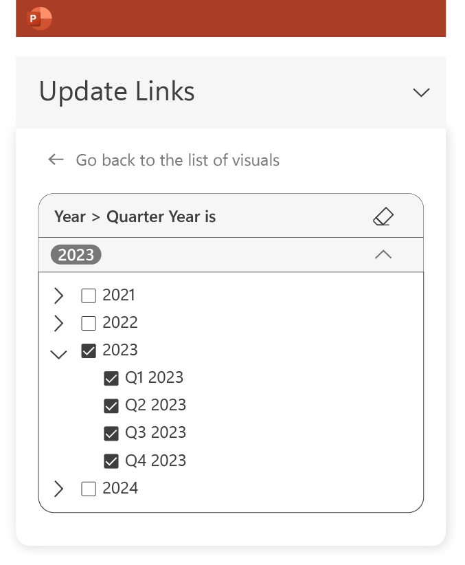 A picture showing updates to UpSlide's Power BI Link, enabling you to edit hierarchy sliders on tables and charts