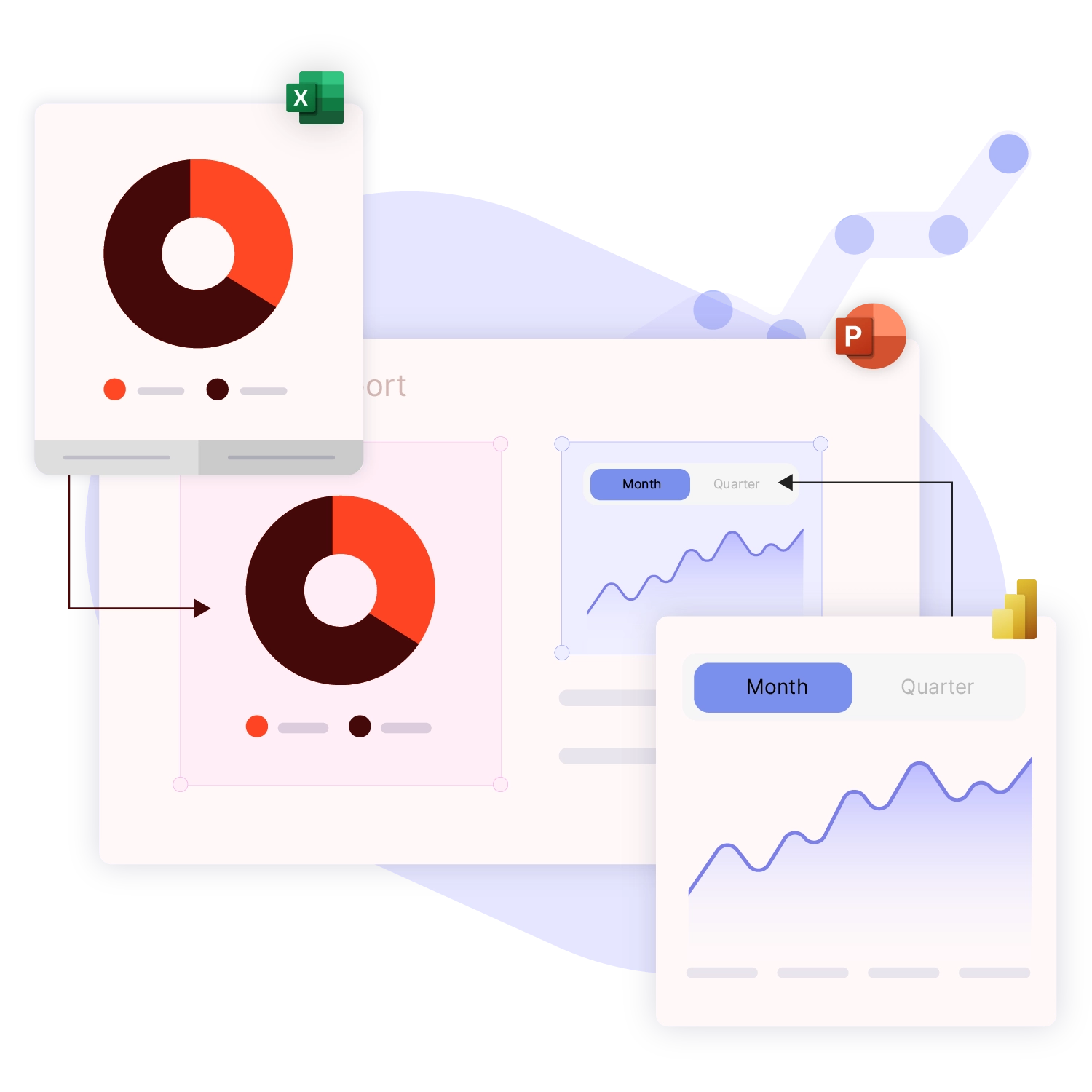 Une image abstraite d'un cahier de travail Excel et d'un visuel Power BI lié à une diapositive PowerPoint