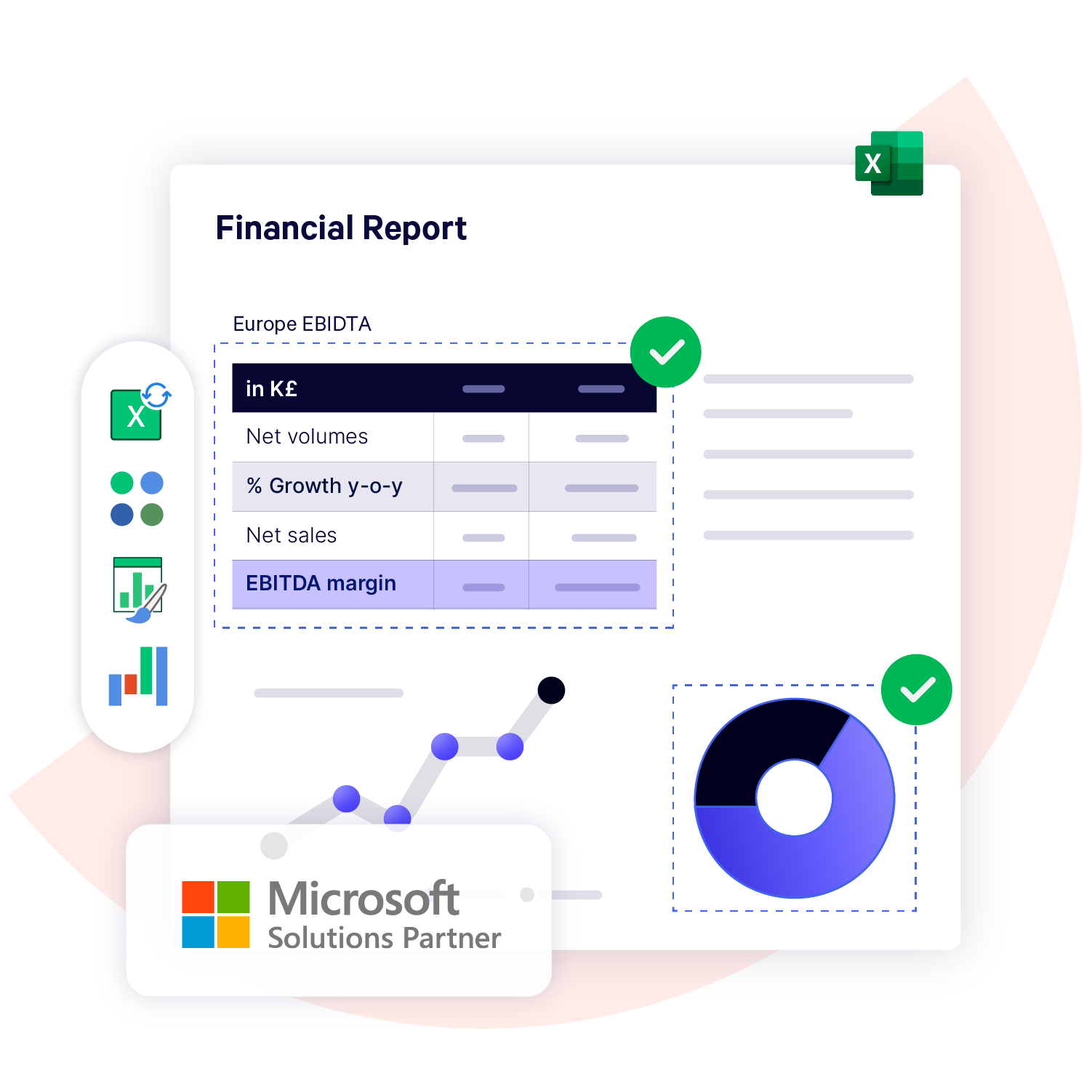 Visual showing a stylized version of an Excel spreadsheet with a table and two charts. Also includes a Microsoft Solutions Partner logo.