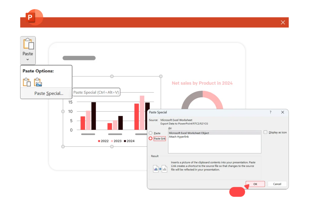 Use the native Special Paste to link data from Excel into PowerPoint