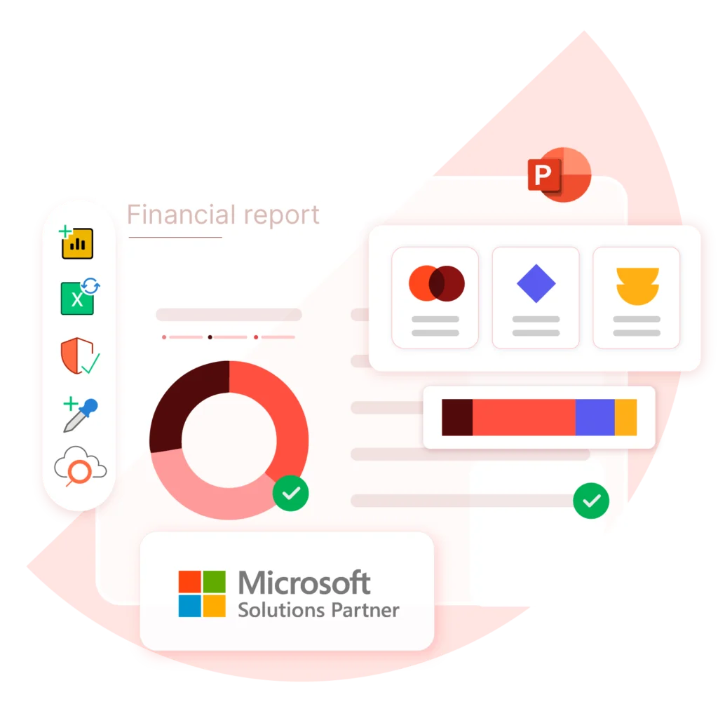 Visuel stylisé d'une diapositive powerpoint montrant un diagramme circulaire et d'autres éléments tels que les couleurs de la marque.