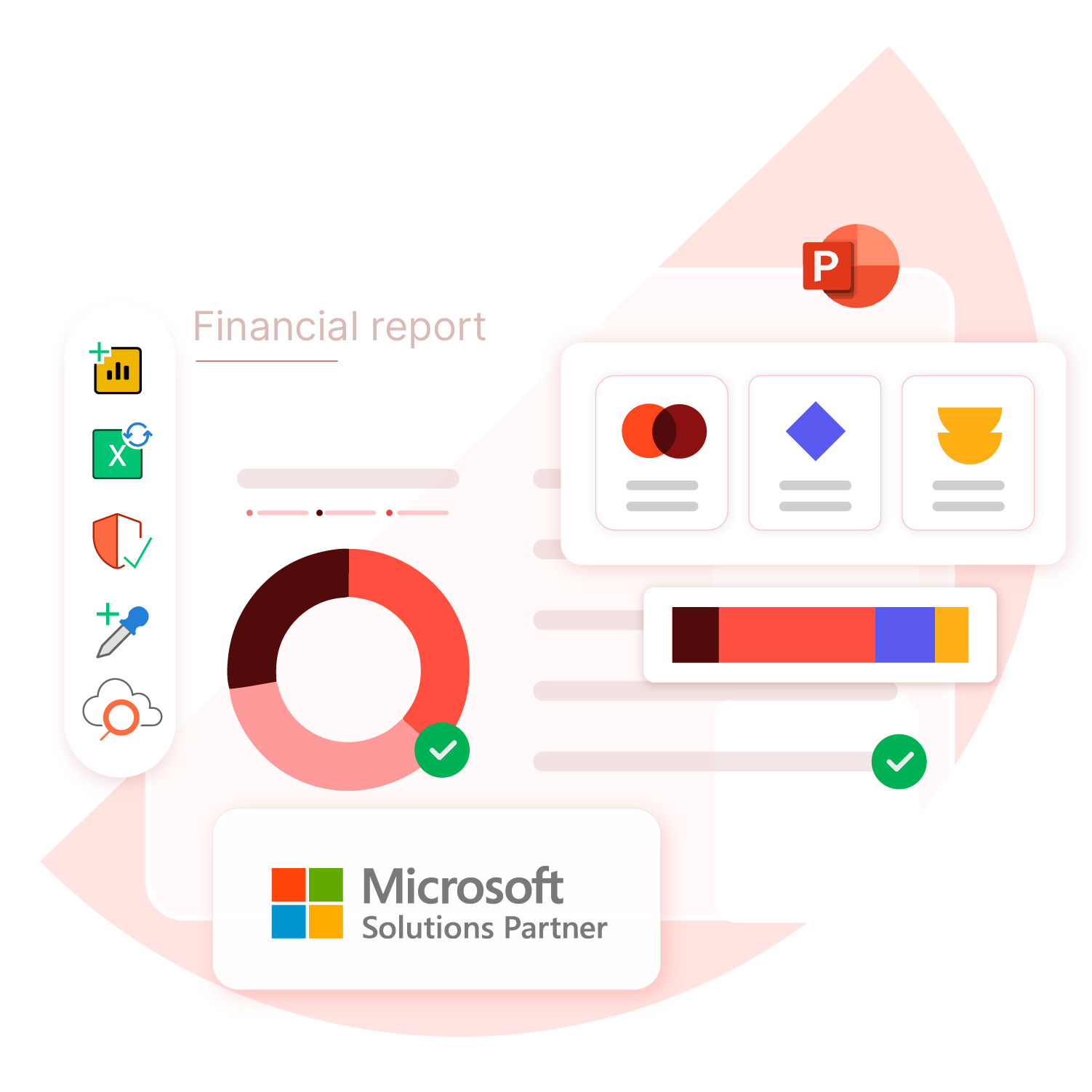 Stylized visual of a powerpoint slide showing a pie chart an other elements such as brand colours.