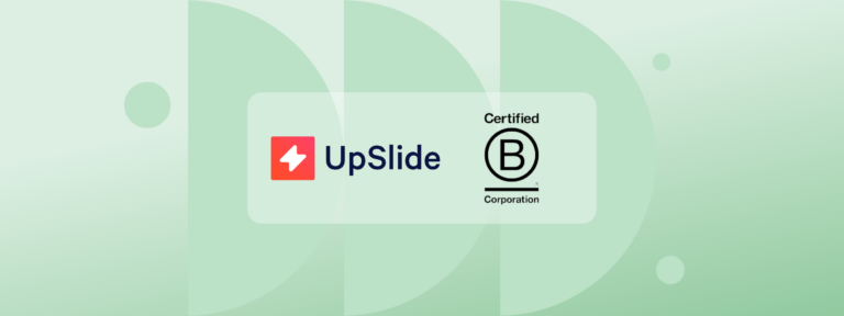 UpSlide logo (white bolt on red background and text) next to B Corp Corporation logo (black text) on green background