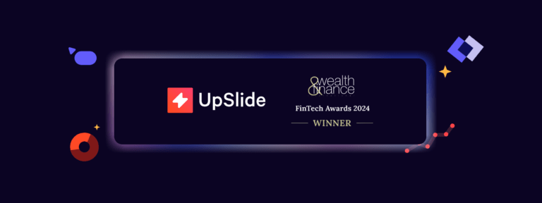 UpSlide logo (white bolt on red background and text) next to Wealth and Finance Fintech Award logo (text based) on blue background surrounded by colorful icons