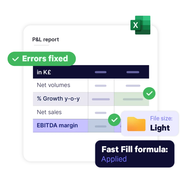 Reduce Excel file size and apply fast fill formulas in Excel with UpSlide Modeling Tools.