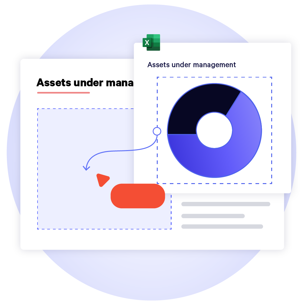 UpSlide's Excel to PowerPoint Link feature, illustrating the effortless integration of asset under management data into presentations for accurate and timely updates.