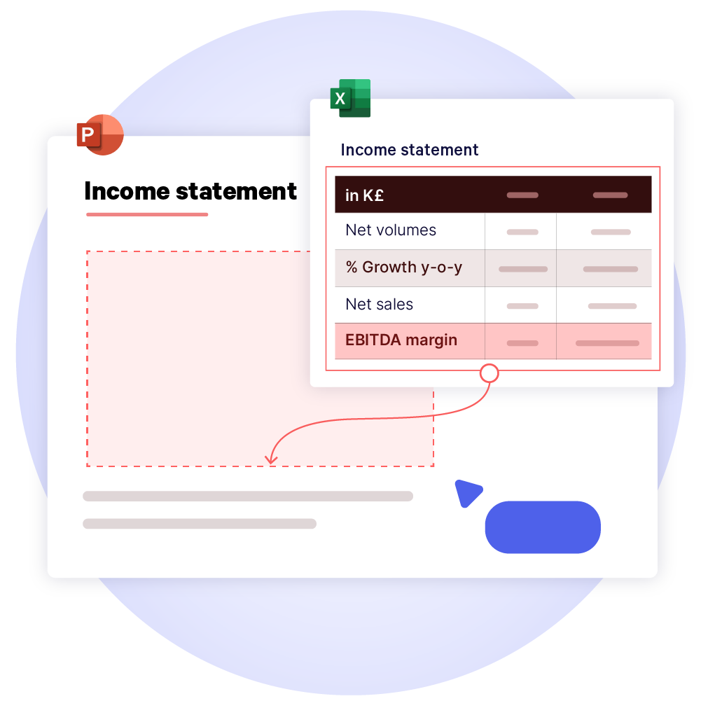 UpSlide's Excel to PowerPoint Link feature, demonstrating seamless integration of financial analysis data from an income statement into presentations for accurate and efficient reporting.