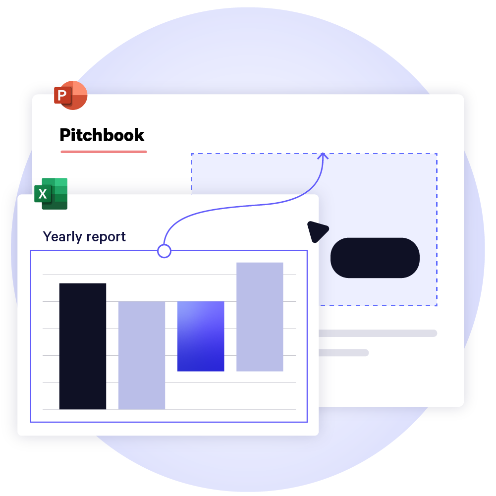 UpSlide's Excel to PowerPoint Link feature showcasing automated updates of investment banking data in a presentation.