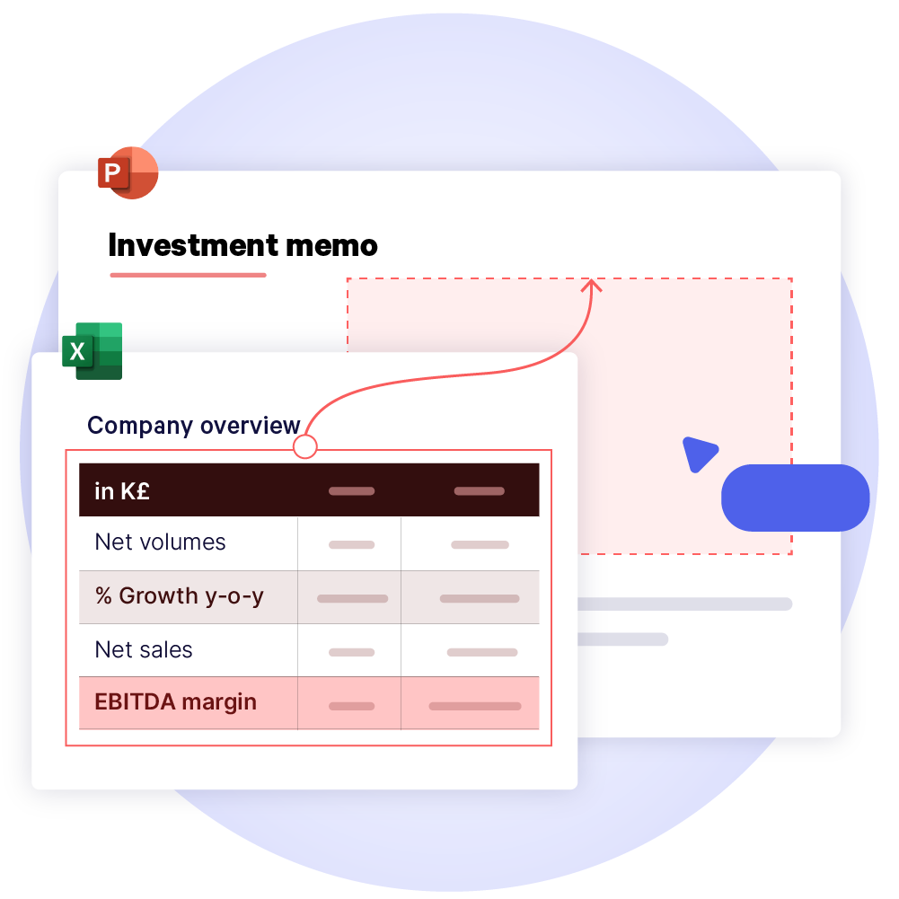 UpSlide's Excel to PowerPoint Link in action, ensuring precise and automated updates of private equity data in presentations.