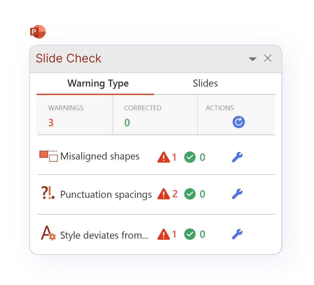 A view of the Slide Check pane within UpSlide in PowerPoint