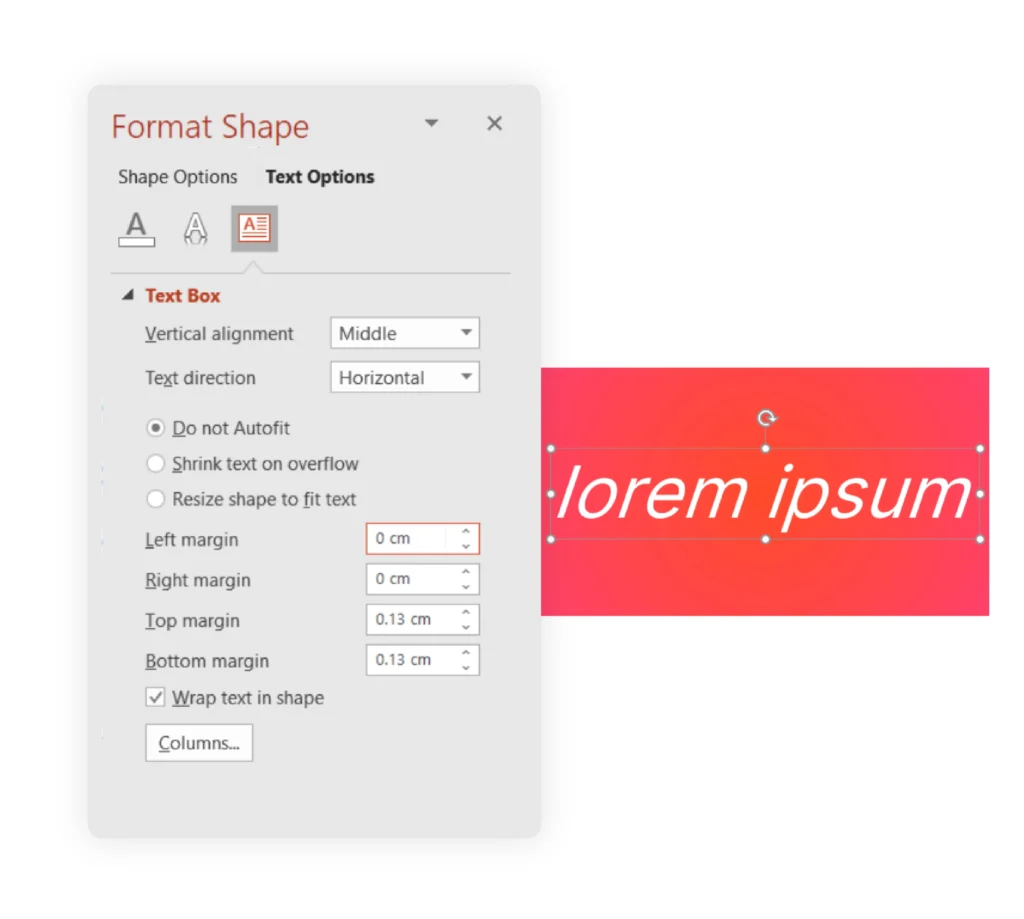 Formatting a box with lorem ipsum text in PowerPoint
