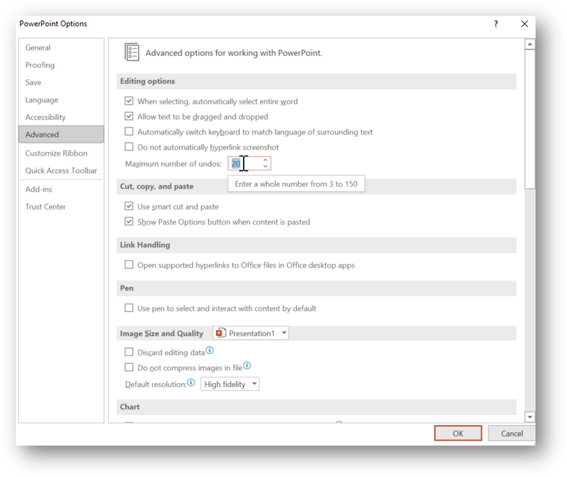 View of the advanced options pane within PowerPoint