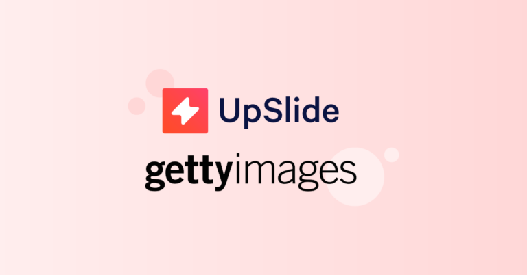 UpSlide logo (white bolt on red background and text) next to Getty Images logo (text) on pink background