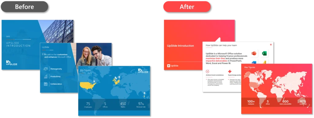 Two sets of PowerPoint templates next to each other after a rebrand