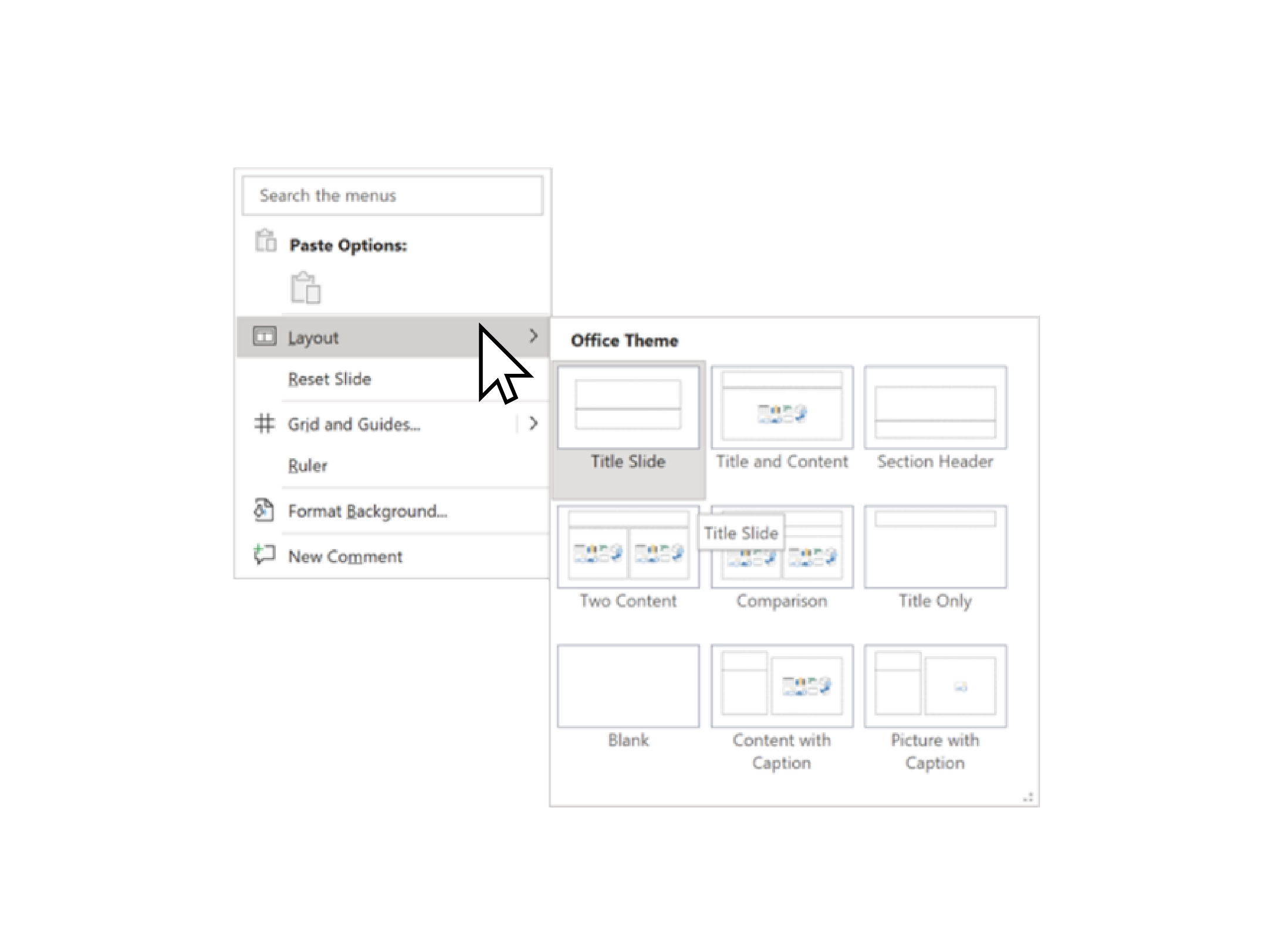 The Layout dropdown in PowerPoint