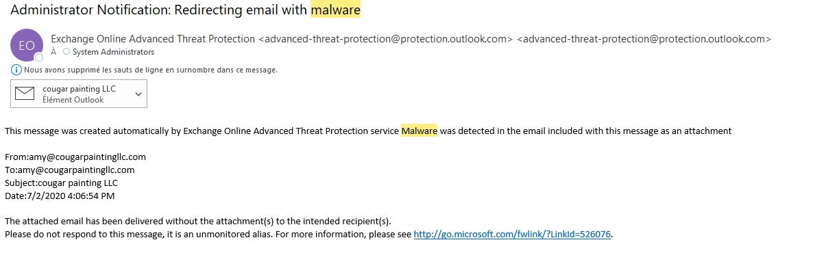 A view of a malware email in Outlook