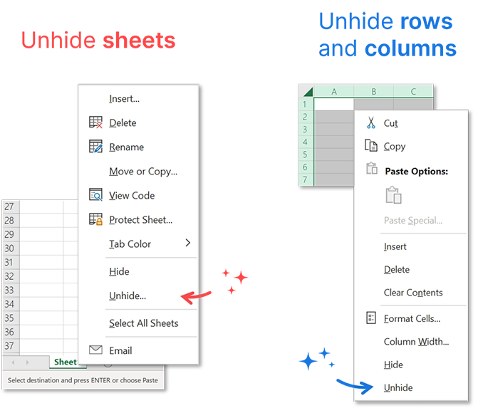 How to unhide sheets, rows and columns in Excel