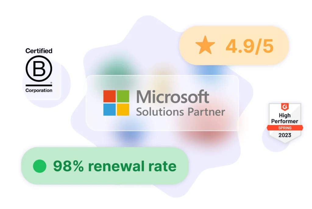 A visual showing Microsoft Solutions Partner, B Corp logo and UpSlide's 98% renewal rate