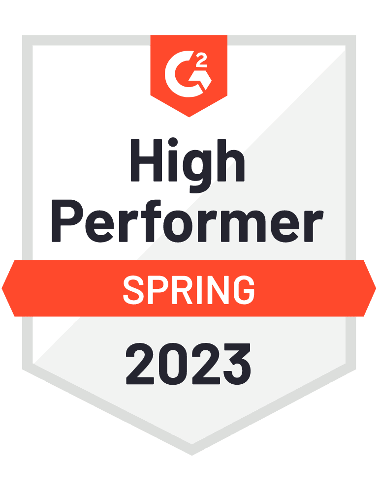 Insigne de récompense G2 portant le texte &quot;High Performer Spring 2023&quot;.