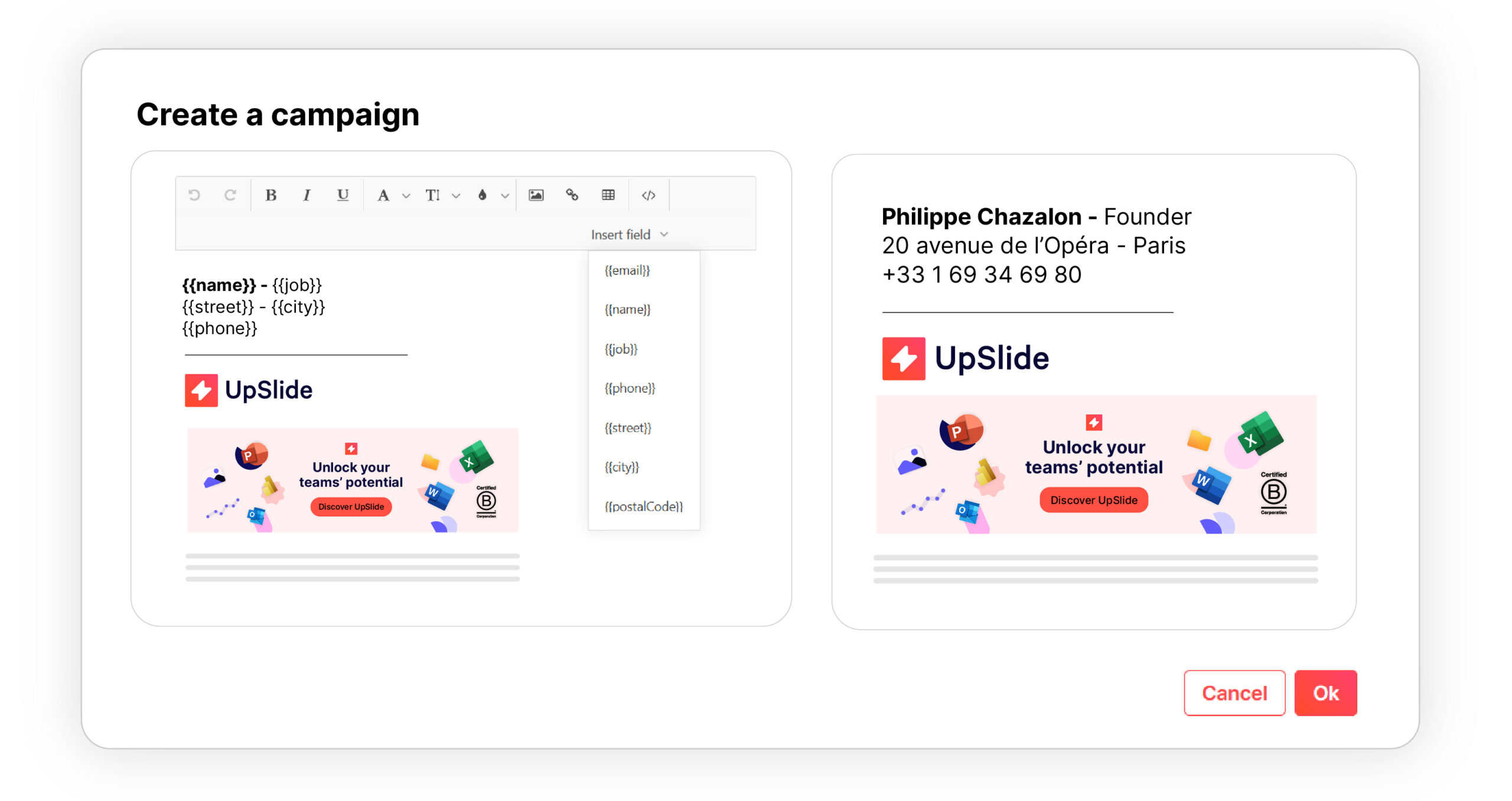 A view from the Campaign Builder in UpSlide's Outlook Signature Manager