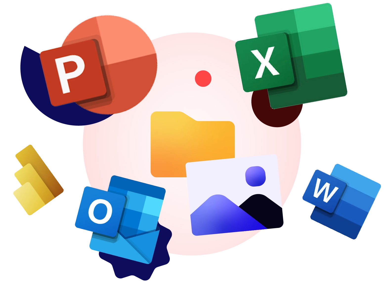 Ein Bild mit allen Microsoft 365-Symbolen, einschließlich PowerPoint, Excel, Word und Outlook