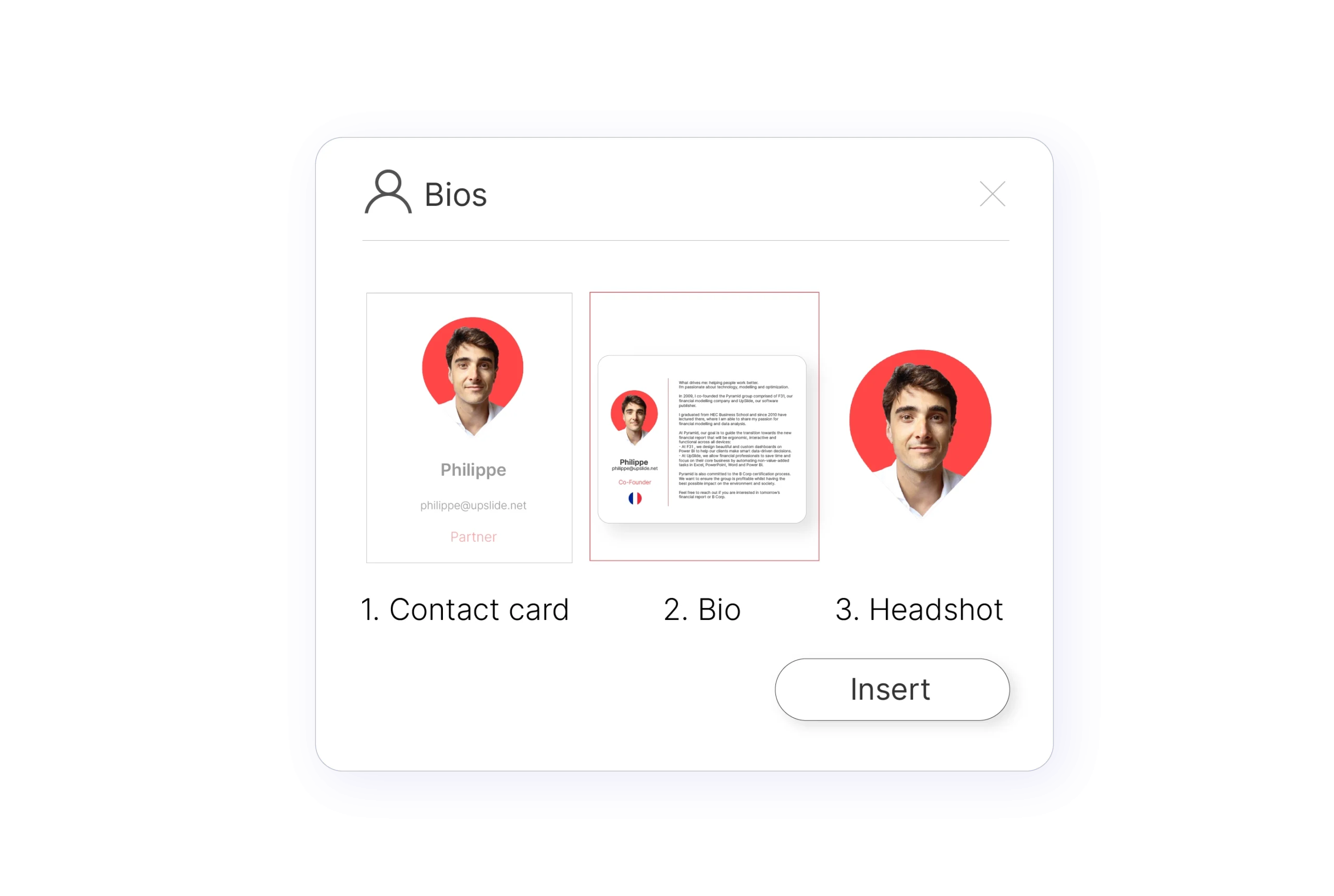 A picture showing the different formats you can choose from with UpSlide's Dynamic Bio Library, including contact card, bio or headshot