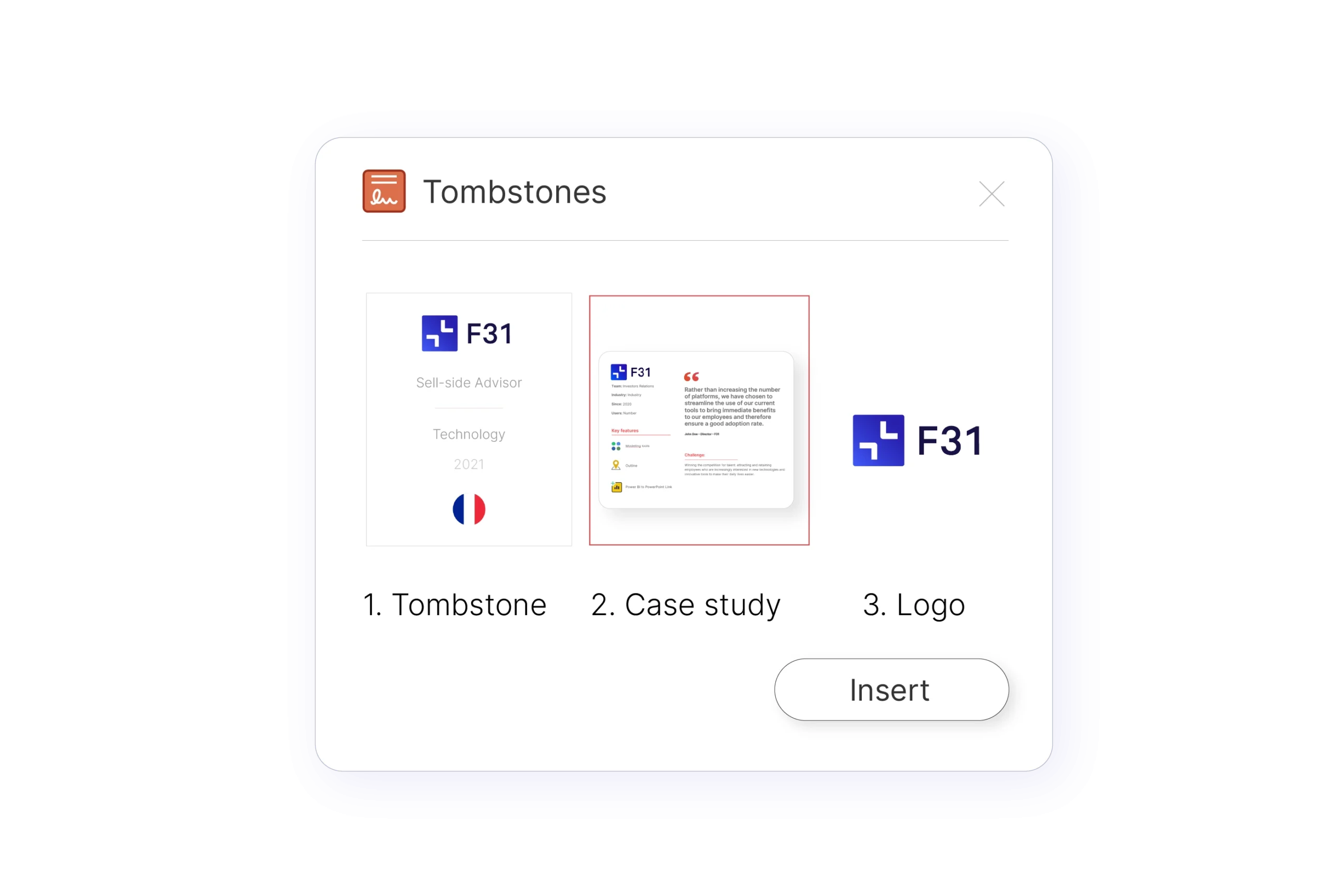 Une image montrant les différents formats que vous pouvez choisir dans la bibliothèque dynamique UpSlide Tombstone  , y compris l'étude de cas et le logo tombstone .