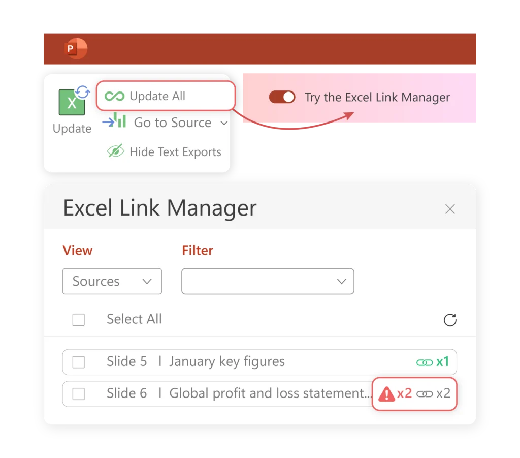 A picture showing updates to UpSlide's Excel to PowerPoint or Word Link, demonstrating a new way to manage your linked data