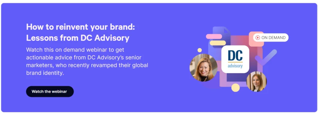 Webinar banner showing how DC Advisory reinvented their brand identity via a global rebrand.