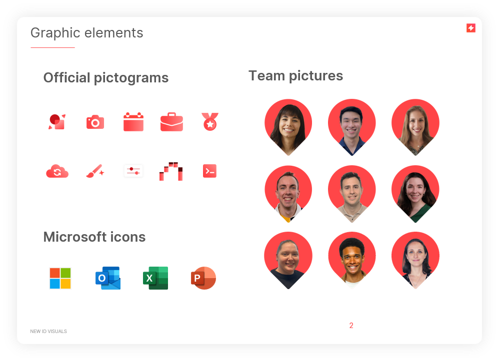 A Graphic Elements slide showing official pictograms, Microsoft icons, and Team pictures.