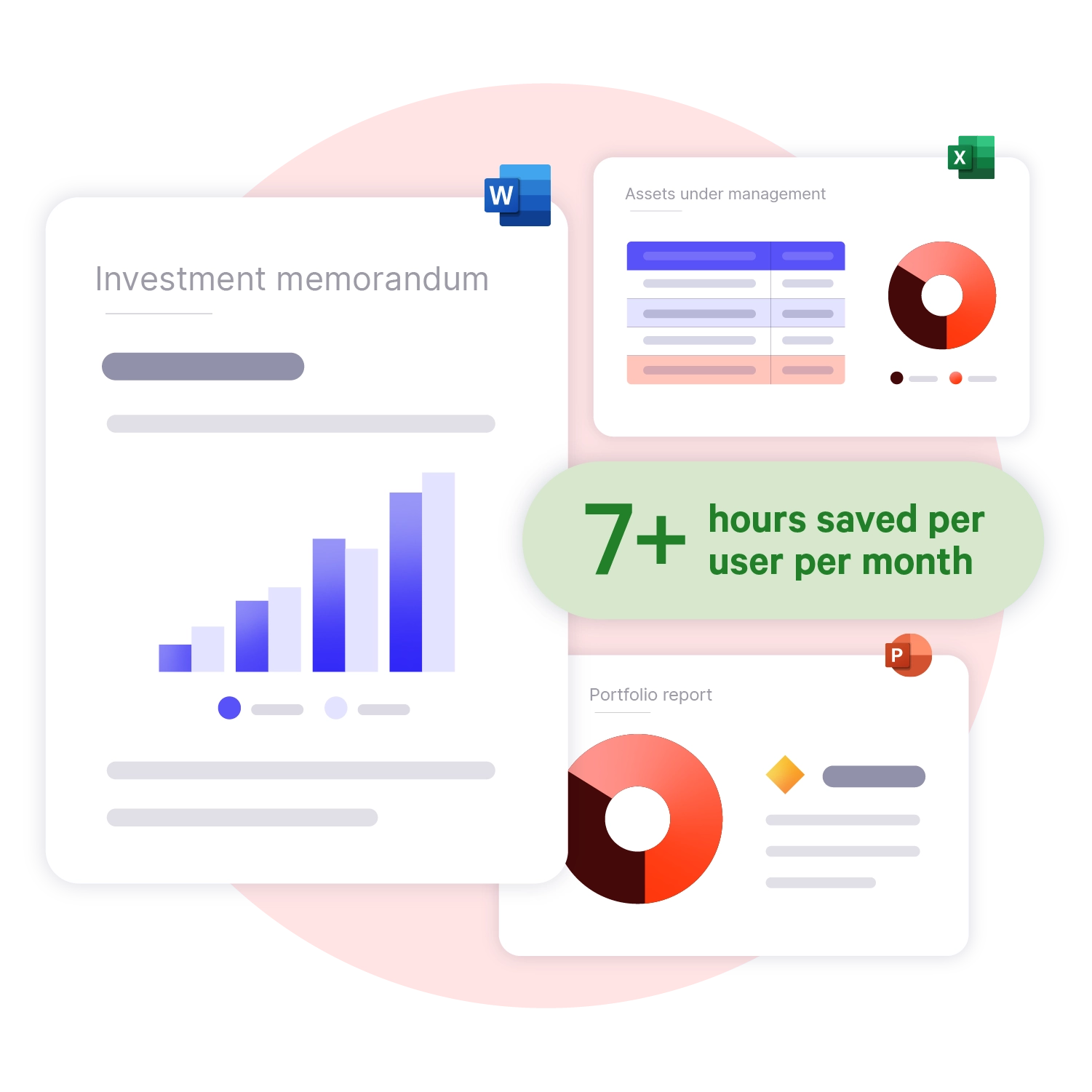 Abstract visuals of PowerPoint, Excel, and Word windows. With text in the middle saying "7+ hours saved per user per month"