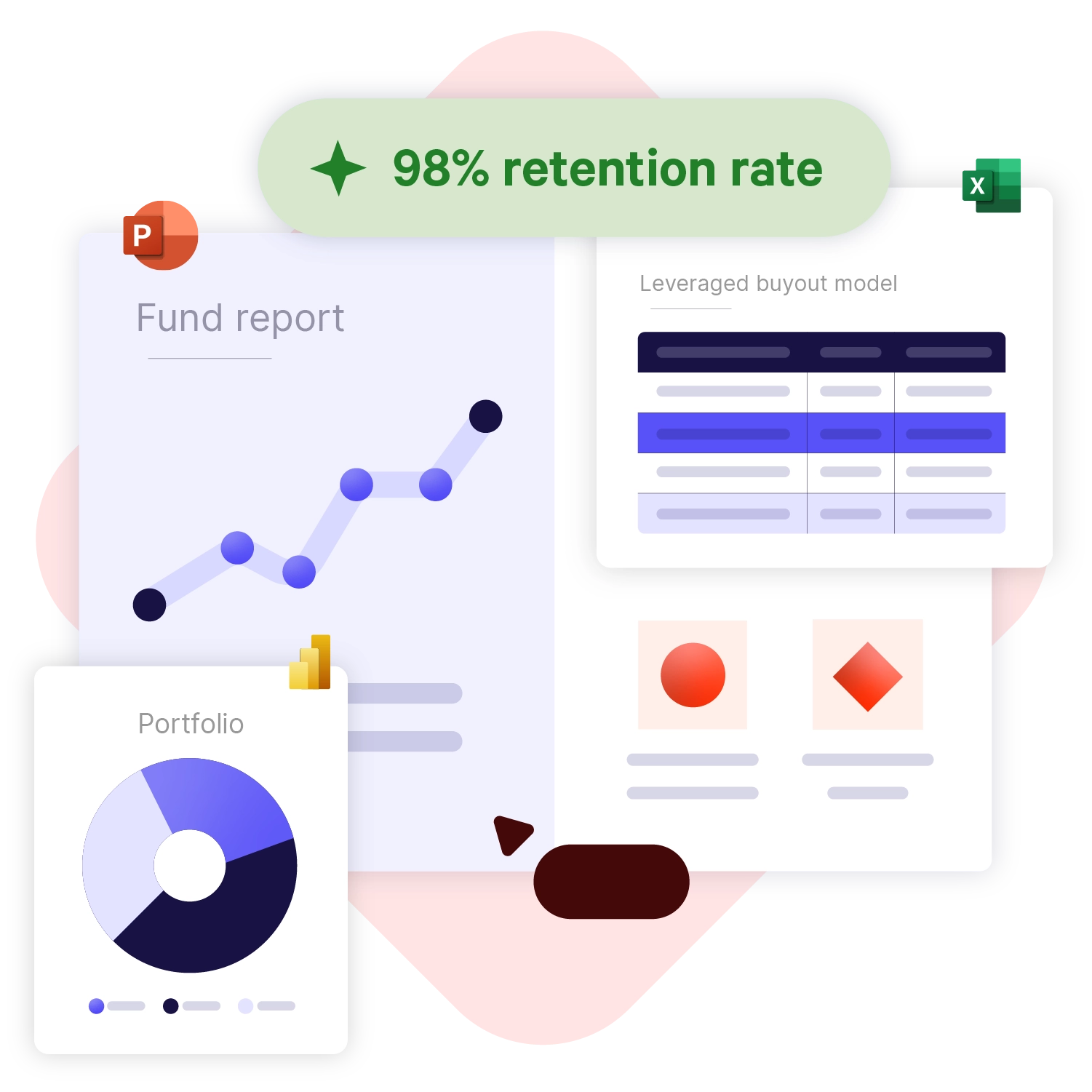 Une vue d&#039;une diapositive PowePoint, d&#039;un classeur Excel , d&#039;un visuel Power BI . Texte : &quot;98% de taux de rétention&quot;