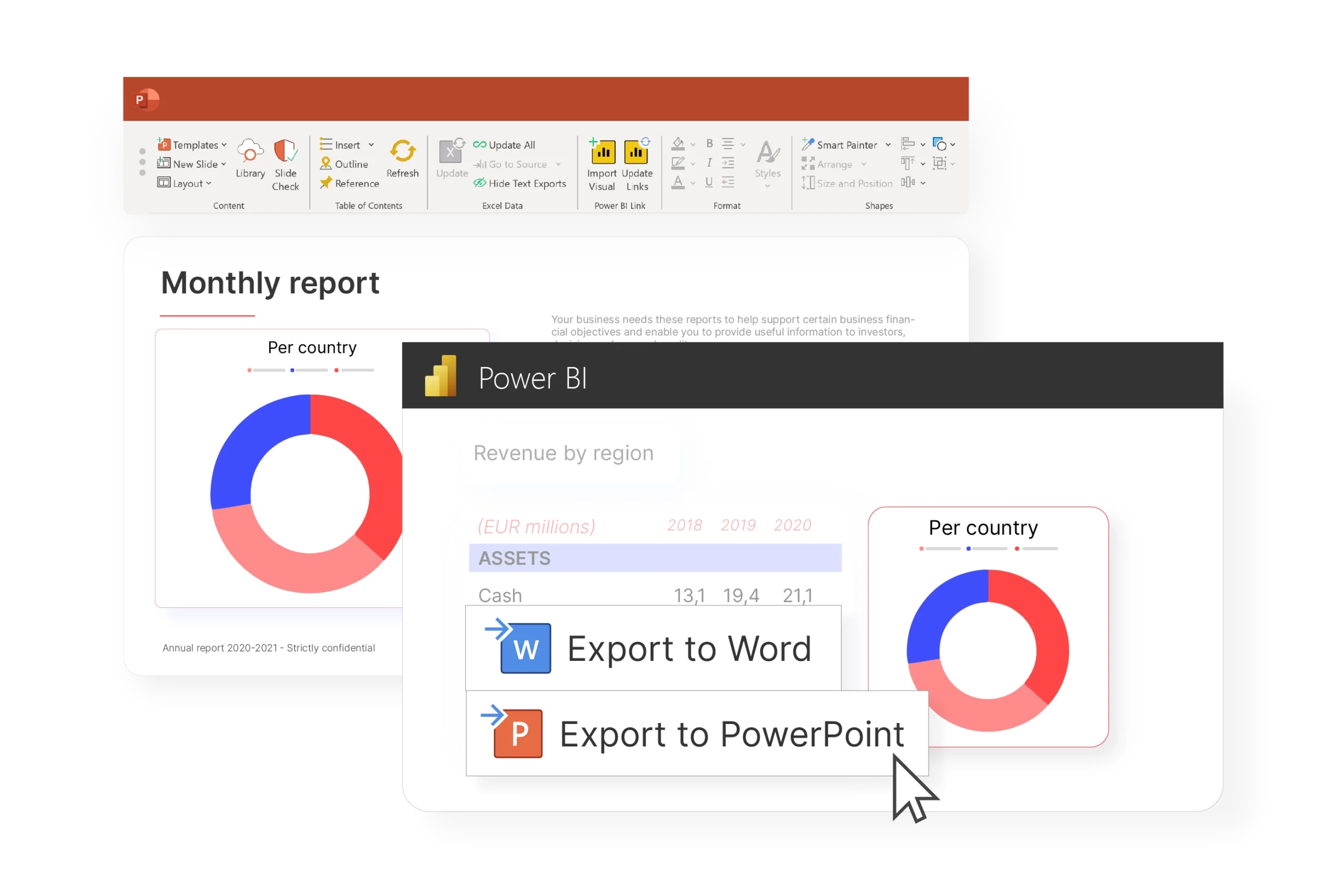 A picture showing UpSlide's Power BI to PowerPoint or Word feature, demonstrating how to export your data