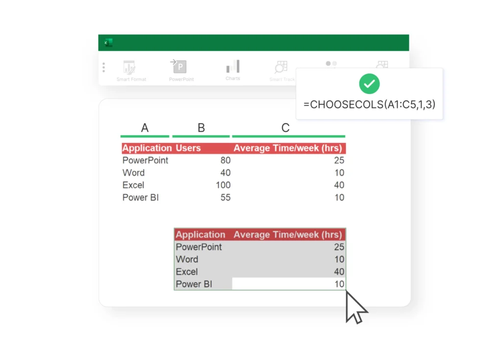 Excel workbook showing CHOOSECOLS formula