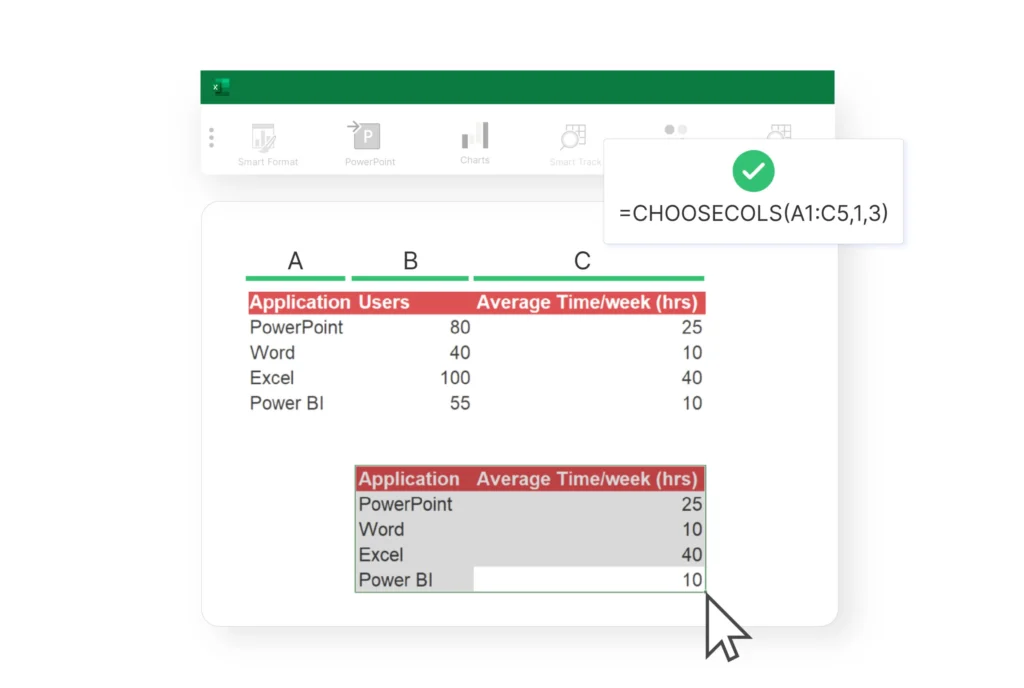 Excel classeur montrant la formule CHOISIRCOLS