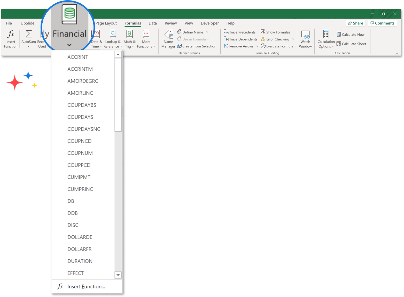 A picture showing all the different financial functions in Excel.