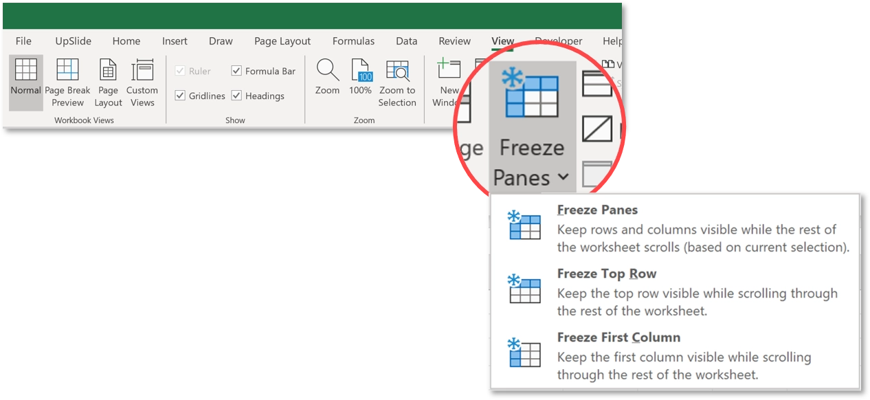 A picture showing how to freeze panes in Excel