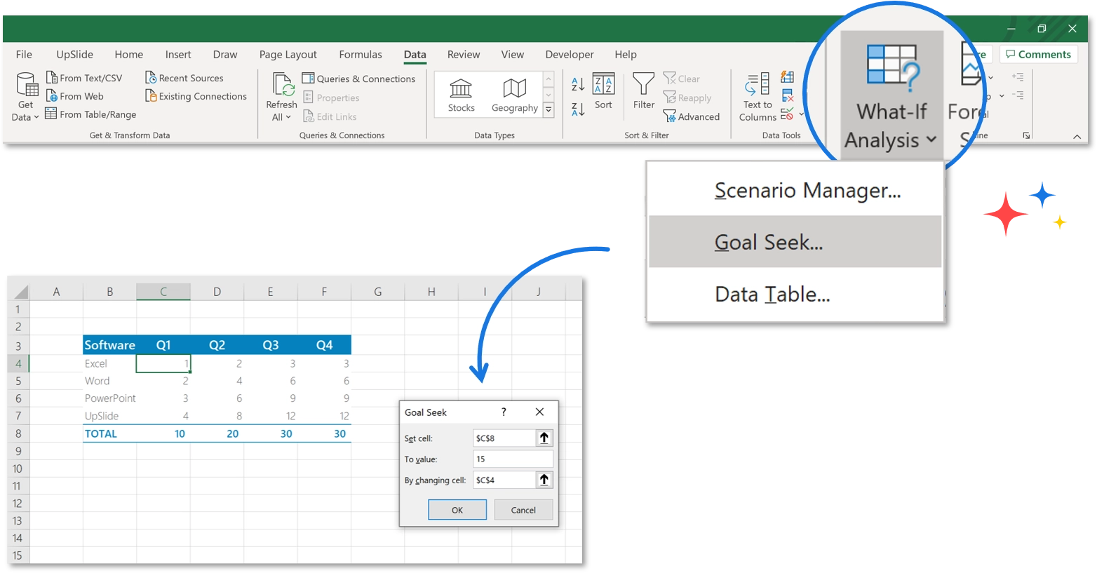 A picture showing how to goal seek in Excel