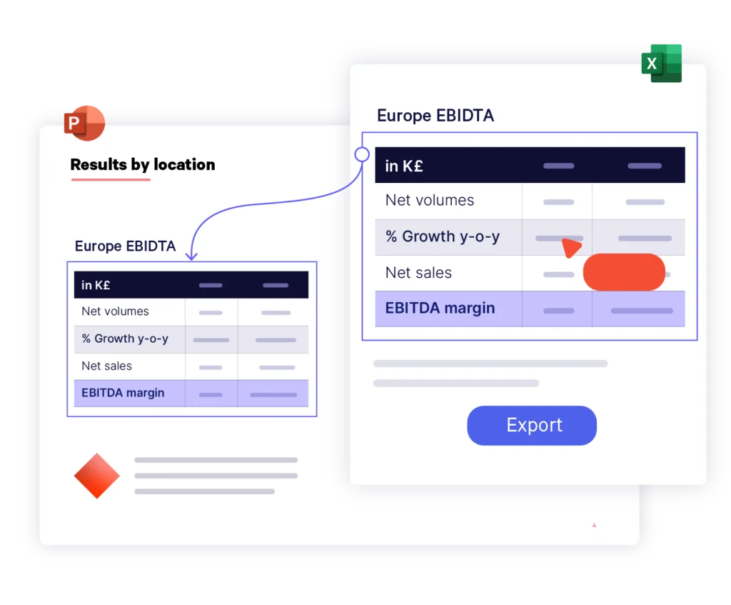 UpSlide Excel to Link, montrant l&#039;exportation transparente de données EBITDA mises à jour directement dans les présentations pour des rapports financiers cohérents et en temps réel. PowerPoint  PowerPoint