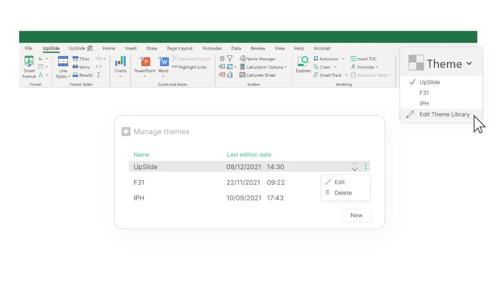 A picture showing how to manage your Excel themes and styles from within your UpSlide ribbon
