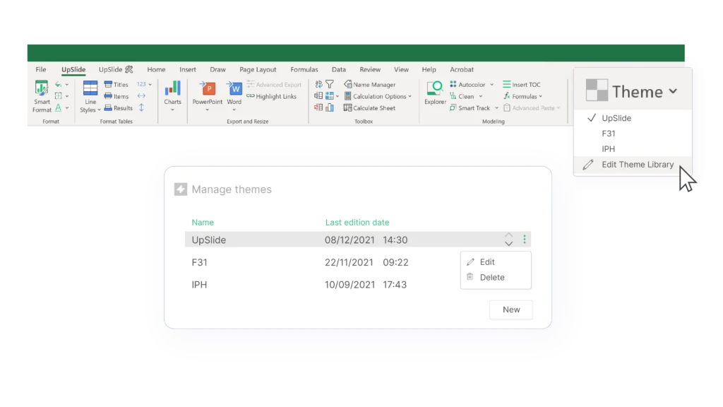 Une image montrant comment gérer votre Excel thèmes et styles à partir de votre UpSlide ruban