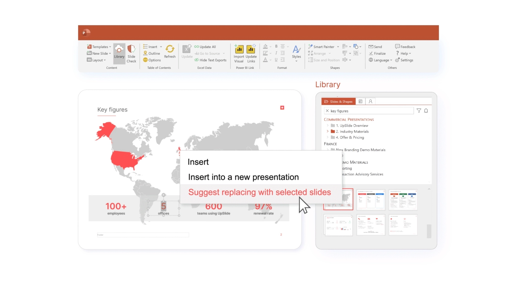 A view from within PowerPoint, demonstrating how to use UpSlide's Content Library to send suggestions to your library administrator