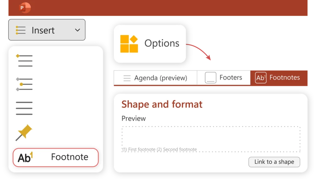 A picture showing updates to UpSlide's PowerPoint ribbon, demonstrating how to insert footnotes in a few clicks