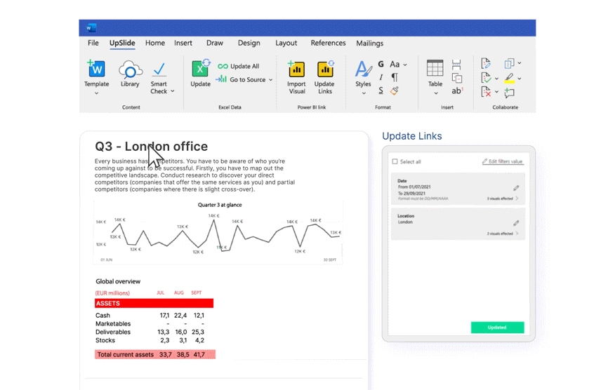 A picture showing UpSlide's Power BI to Word Link in action, demonstrating how to refresh your linked data in one click.