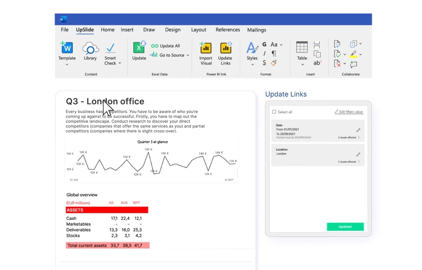 Une image montrant le lien Power BI à Word de UpSlide en action, démontrant comment rafraîchir vos données liées en un seul clic.