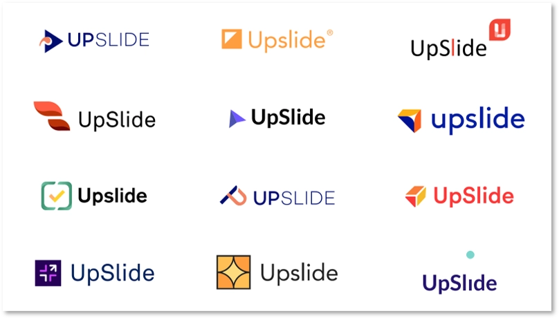 A variety of different UpSlide logos we considered when launching a new visual identity 