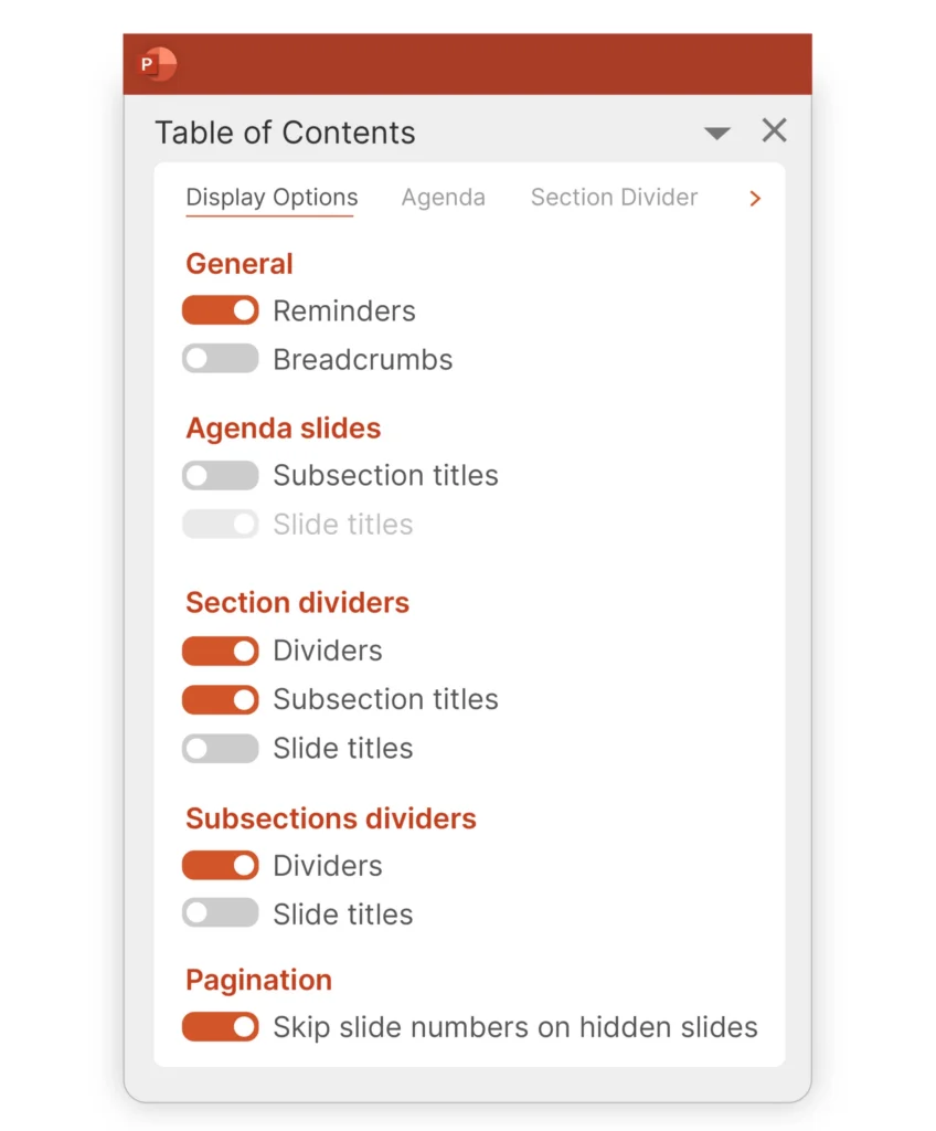 A picture showing how you can customize your UpSlide Table of Contents, with a view of the pane in PowerPoint